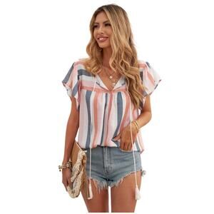 C+D+M Colorful Striped Boho Western Flutter Sleeve Top with Tassels V-Neck